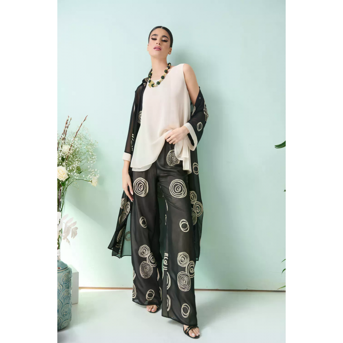 Παντελόνα διπλή με κέντημα  -  WFT-23071 - Λευκό | Μαύρο