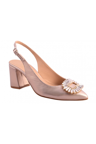Γόβα Slingback Δερμάτινη Rose Gold ή Ασημί με Κρυστάλλινη Αγκράφα  τακ. 7 cm  –  Trace     3738-LN