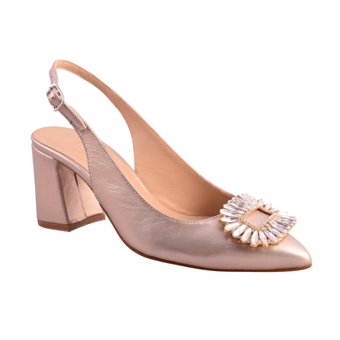 Γόβα Slingback Δερμάτινη Rose Gold ή Ασημί με Κρυστάλλινη Αγκράφα  τακ. 7 cm  –  Trace     3738-LN