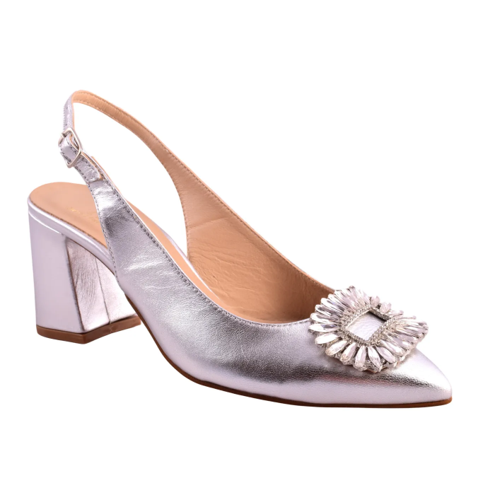 Γόβα Slingback Δερμάτινη Rose Gold ή Ασημί με Κρυστάλλινη Αγκράφα  τακ. 7 cm  –  Trace     3738-LN - Ασημι
