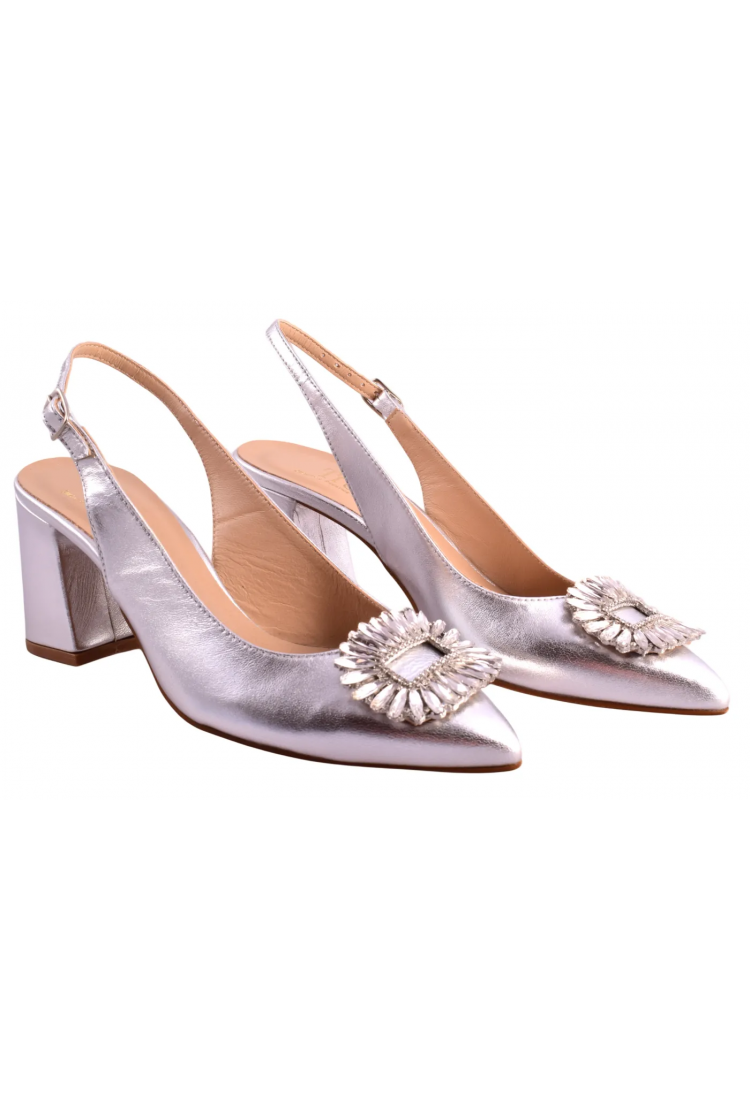 Γόβα Slingback Δερμάτινη Rose Gold ή Ασημί με Κρυστάλλινη Αγκράφα  τακ. 7 cm  –  Trace     3738-LN