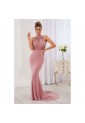 Μακρυ γοργονε nude ροζ φορεμα με ανοικτη πλατη και ουρά