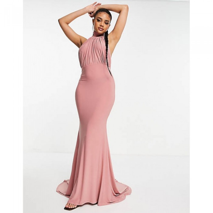 Μακρυ γοργονε nude ροζ φορεμα με ανοικτη πλατη και ουρά