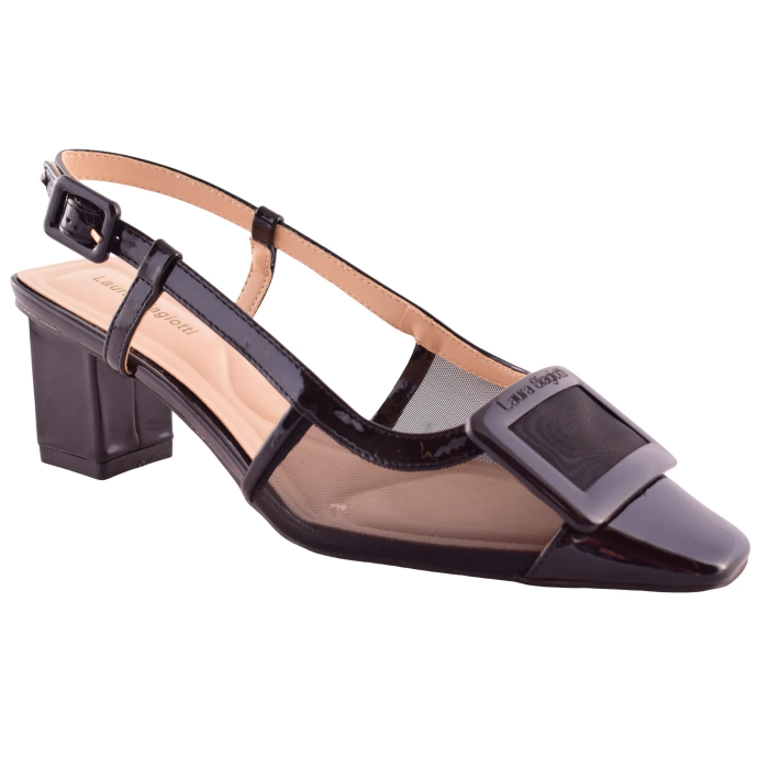 Elegant Slingback Πέδιλα με Καρέ Αγκράφα & Mesh Διαφάνεια τακούνι 7 cm by Laura Biagiotti    LB-9711 - Μαυρο