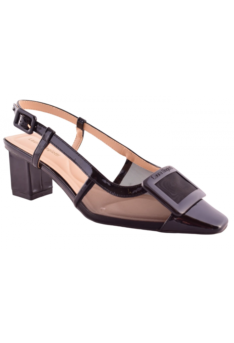Elegant Slingback Πέδιλα με Καρέ Αγκράφα & Mesh Διαφάνεια τακούνι 7 cm by Laura Biagiotti    LB-9711