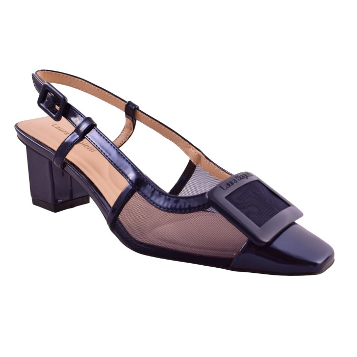Elegant Slingback Πέδιλα με Καρέ Αγκράφα & Mesh Διαφάνεια τακούνι 7 cm by Laura Biagiotti    LB-9711 - Μπλε
