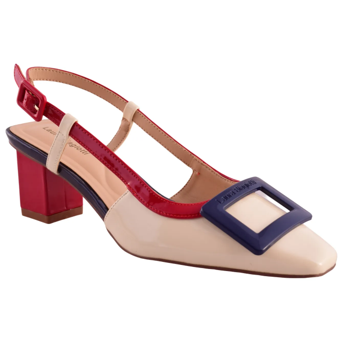 Elegant Slingback Πέδιλα με Καρέ Αγκράφα & Mesh Διαφάνεια τακούνι 7 cm by Laura Biagiotti    LB-9711 - Μπλε-Λευκό-Κόκκινο