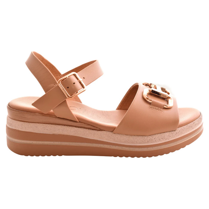 Γυναικεία Δερμάτινα  Πέδιλα με Χρυσή Αγκράφα & Ανατομικό Πάτο | 18207-Ε6 - Κανελι 