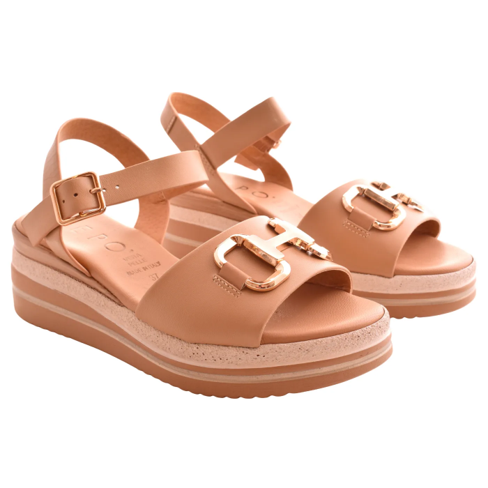 Γυναικεία Δερμάτινα  Πέδιλα με Χρυσή Αγκράφα & Ανατομικό Πάτο | 18207-Ε6