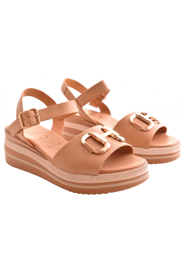 Γυναικεία Δερμάτινα  Πέδιλα με Χρυσή Αγκράφα & Ανατομικό Πάτο | 18207-Ε6