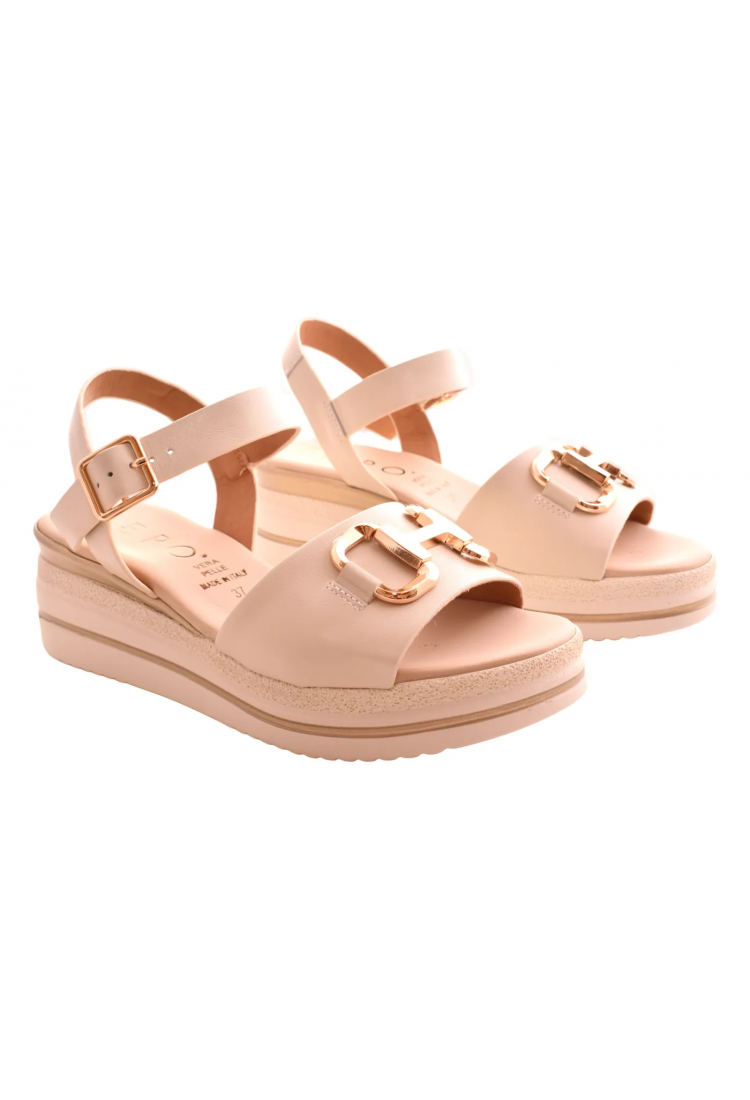 Γυναικεία Δερμάτινα  Πέδιλα με Χρυσή Αγκράφα & Ανατομικό Πάτο | 18207-Ε6