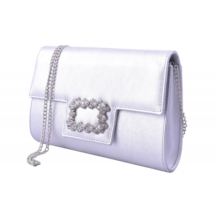 Χειροποίητη Αμπιγιέ Δερμάτινη Τσάντα Φάκελος με Κρυστάλλινη Αγκράφα  Σχ - 3604-SL - Ασημι