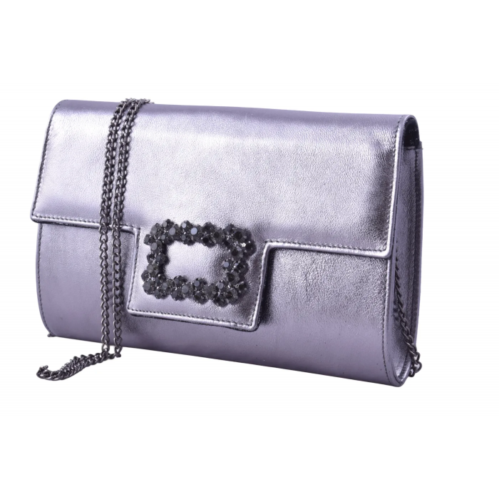 Χειροποίητη Αμπιγιέ Δερμάτινη Τσάντα Φάκελος με Κρυστάλλινη Αγκράφα  Σχ - 3604-SL - Ατσαλι