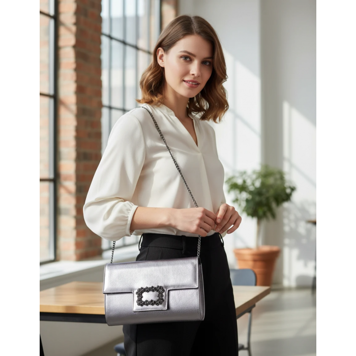 Χειροποίητη Αμπιγιέ Δερμάτινη Τσάντα Φάκελος με Κρυστάλλινη Αγκράφα  Σχ - 3604-SL - Χρυσο