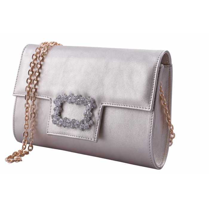 Χειροποίητη Αμπιγιέ Δερμάτινη Τσάντα Φάκελος με Κρυστάλλινη Αγκράφα  Σχ - 3604-SL - Χρυσο