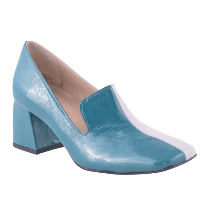 Γόβα  με καρέ τακούνι 6εκ σε πετρόλ και λευκό -Tarantella by Trace  - Πετρολ