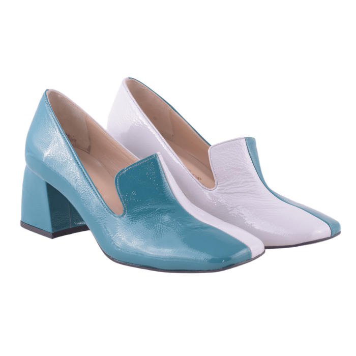 Γόβα  με καρέ τακούνι 6εκ σε πετρόλ και λευκό -Tarantella by Trace 