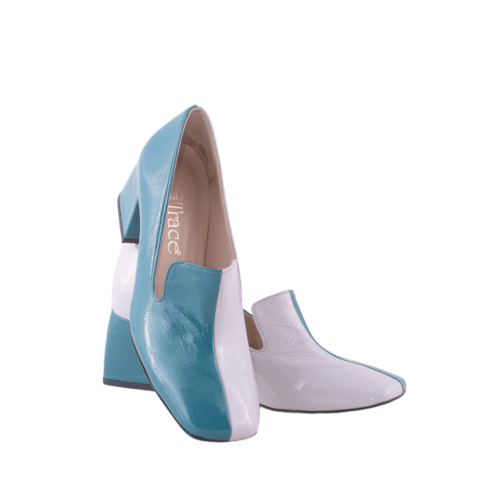 Γόβα  με καρέ τακούνι 6εκ σε πετρόλ και λευκό -Tarantella by Trace  - Πετρολ