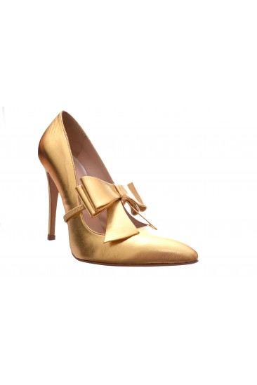 Γόβα Δερμάτινη - 11 cm  -  Sandra χρυσός φιόγκος  G5-gold-MT