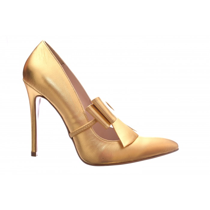 Γόβα Δερμάτινη - 11 cm  -  Sandra χρυσός φιόγκος  G5-gold-MT