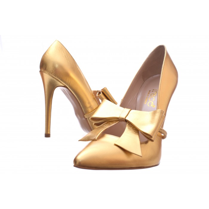 Γόβα Δερμάτινη - 11 cm  -  Sandra χρυσός φιόγκος  G5-gold-MT - Χρυσο