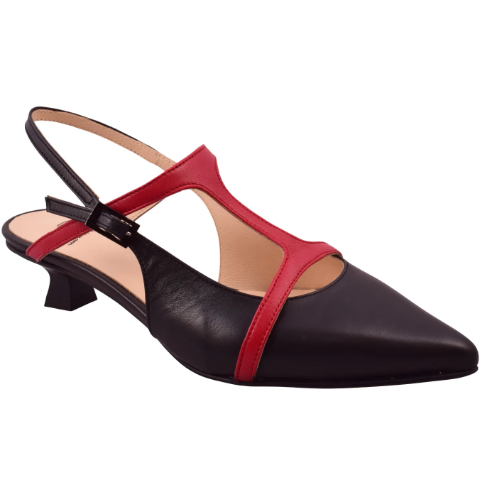 Δερμάτινες Slingback Γόβες Βαβουλάς – Δίχρωμες με Kitten Heel 4 εκ.    48.032-VAV - Μαύρο Κόκκινο