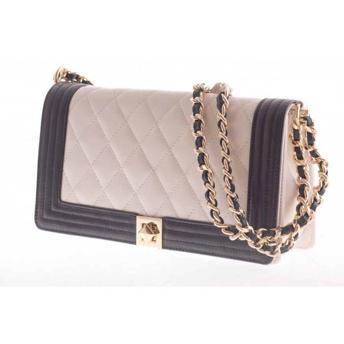 Τσάντα Ώμου Δερμάτινη  καπιτονέ  | 2671 - Ivory | Μαύρο